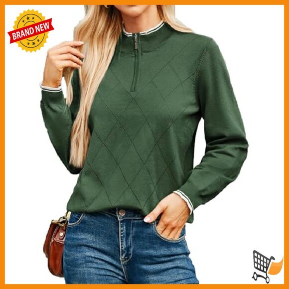 Long Sleeve Ribbed Knit Pullover Quarter Zip Collar Sweater Women's - Picture 2 of 8